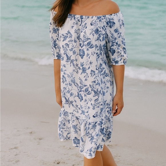 Saks Fifth Avenue Floral 100% Linen Tiered Dress Size Large - Picture 1 of 5